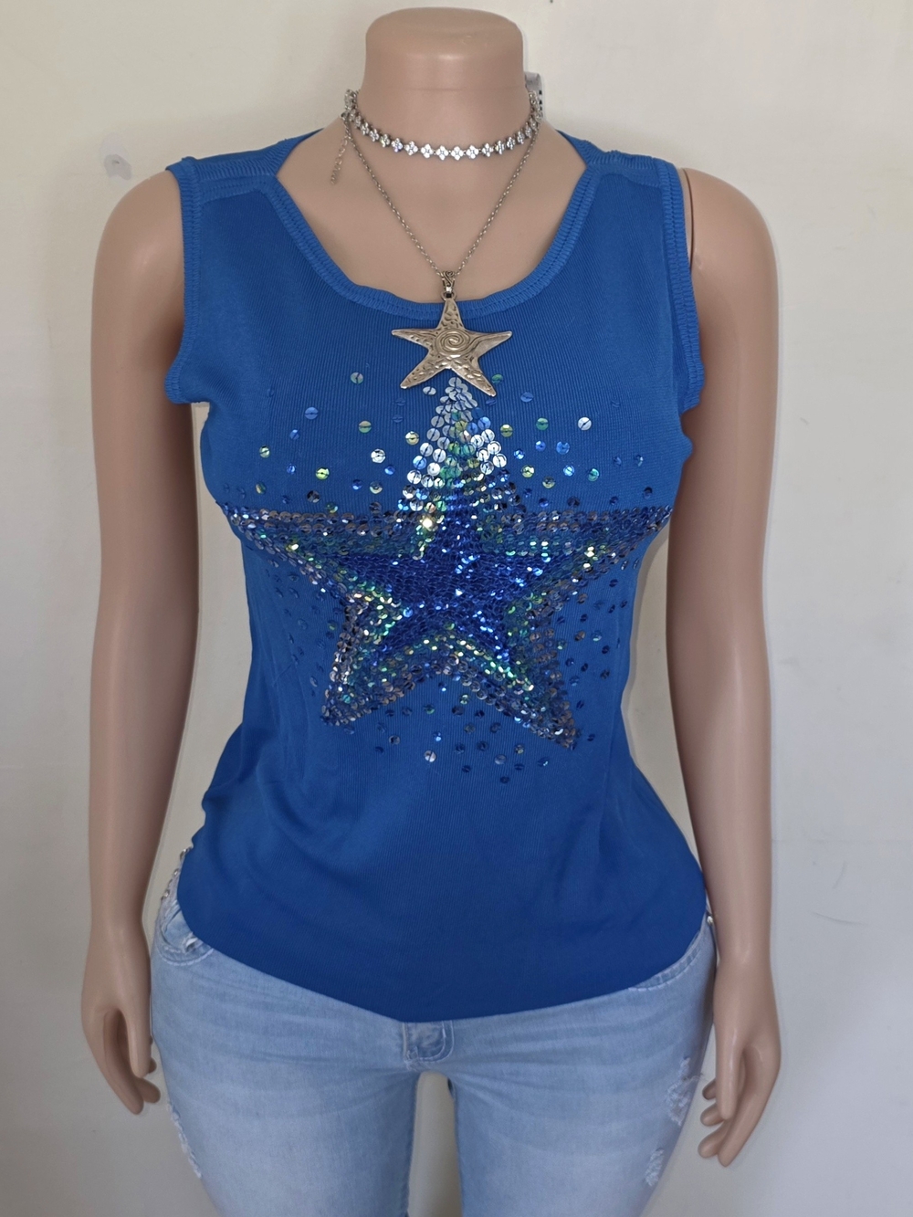 ☆Lucia Burns Blue Sequin Star Tank Top☆